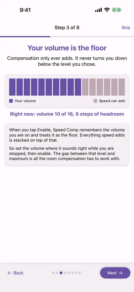 The tutorial explaining that the starting volume is the floor the app never goes below