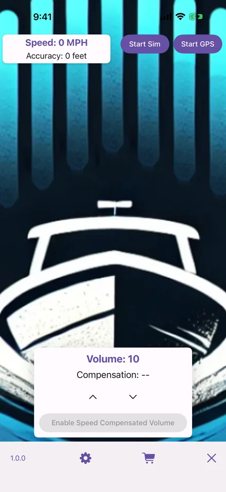 The home screen before a run: speed 0 MPH, volume 10, with Start Sim and Start GPS buttons