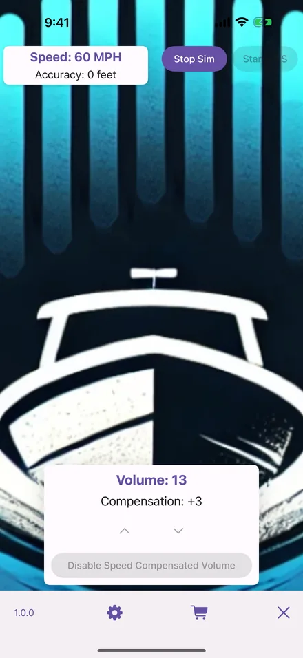 The Speed Comp home screen mid-ride: 60 MPH, volume 13, compensation +3