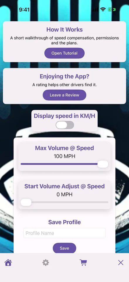 The settings screen with the start-speed and top-speed sliders